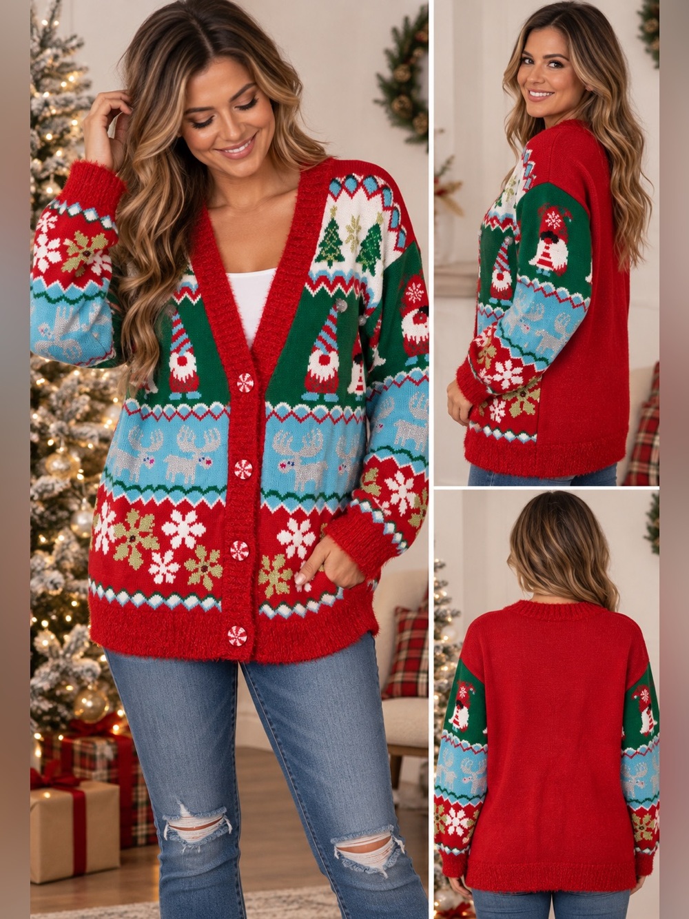 Holiday Time Christmas Gnome Reindeer Cardigan M Fair Isle Ugly Sweater